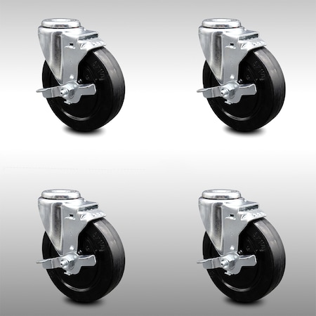Service Caster 5 Inch SS Soft Rubber Wheel Swivel Bolt Hole Caster Set with Brake SCC SCC-SSBH20S514-SRS-TLB-4